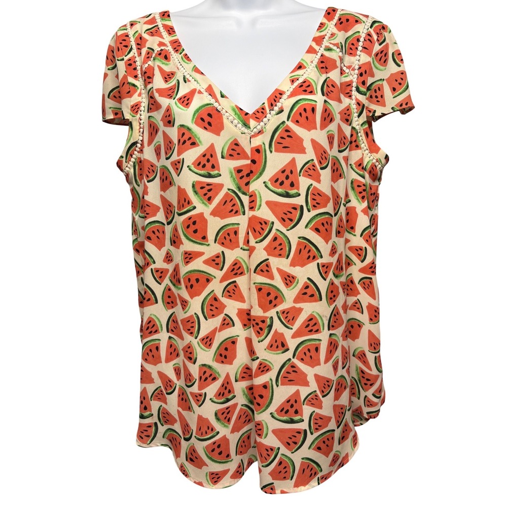 MAEVE Womens Multi Watermelon Print Pom Pom Trim Cap Sleeve Blouse 0 Tropical